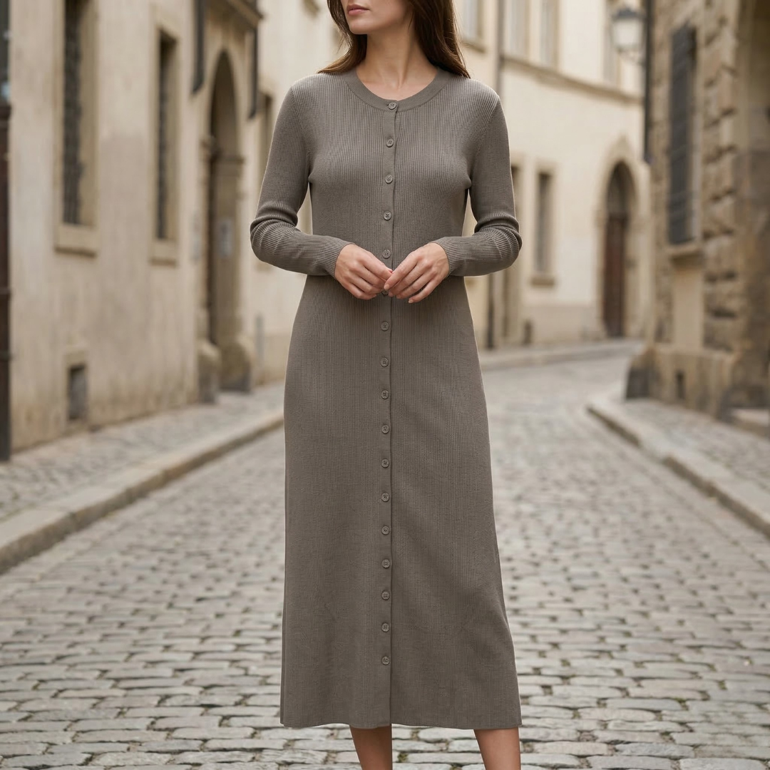 Women’s Ribbed Knit Maxi Dress Long Sleeve Button Front Bodycon Dress
