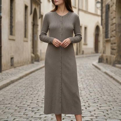 Women’s Ribbed Knit Maxi Dress Long Sleeve Button Front Bodycon Dress