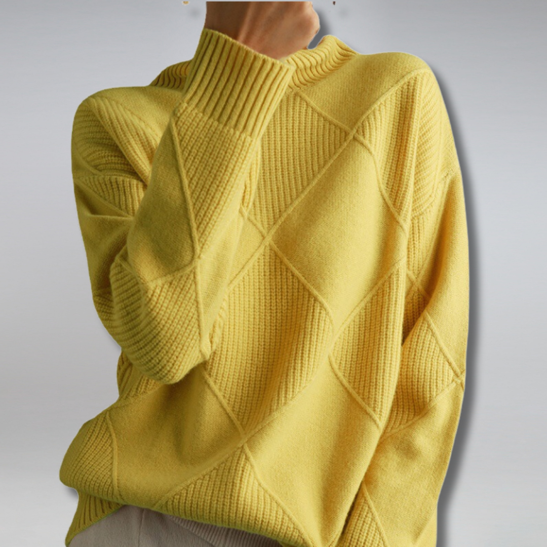 Women's Turtleneck Sweater Diamond Knit Ribbed Cuffs