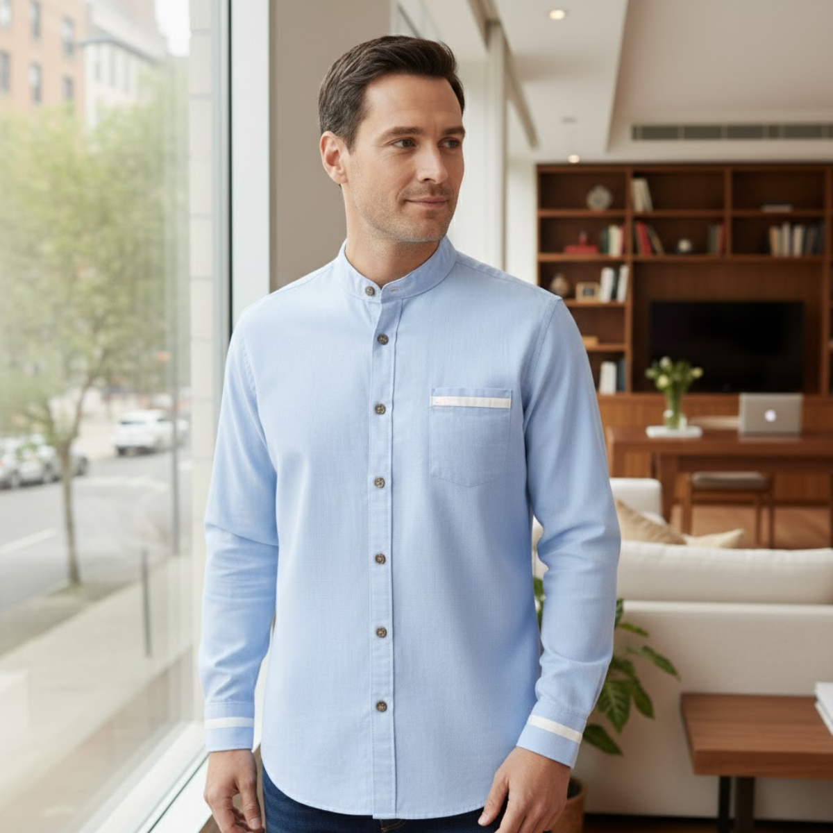 Men's Business Button Up Shirt Standing Collar White