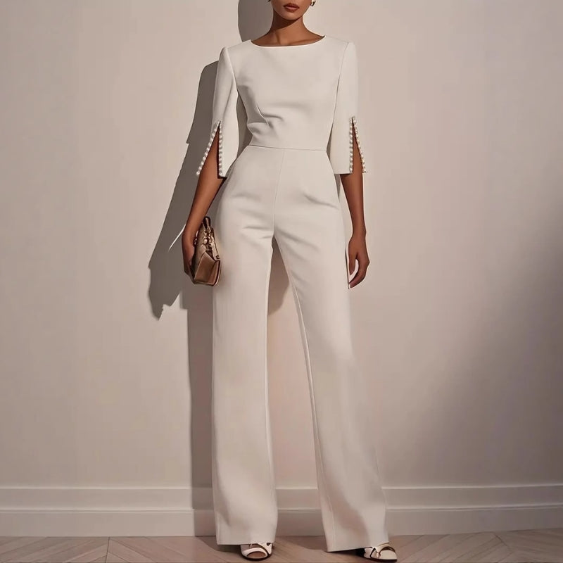 Women's Lightweight Jumpsuit Wide Leg Pearl Detail Beige - VibreMode