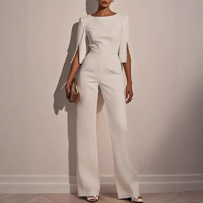 Women's Lightweight Jumpsuit Wide Leg Pearl Detail Beige - VibreMode