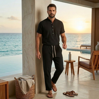 Mens Lightweight Cotton Linen Polo Shirt Pants Set
