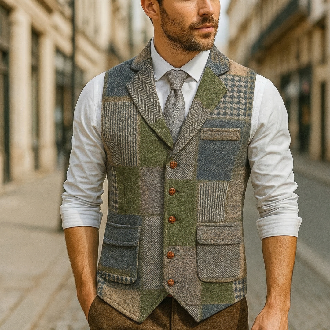 Men’s Patchwork Tweed Vest Vintage Style Tailored Waistcoat