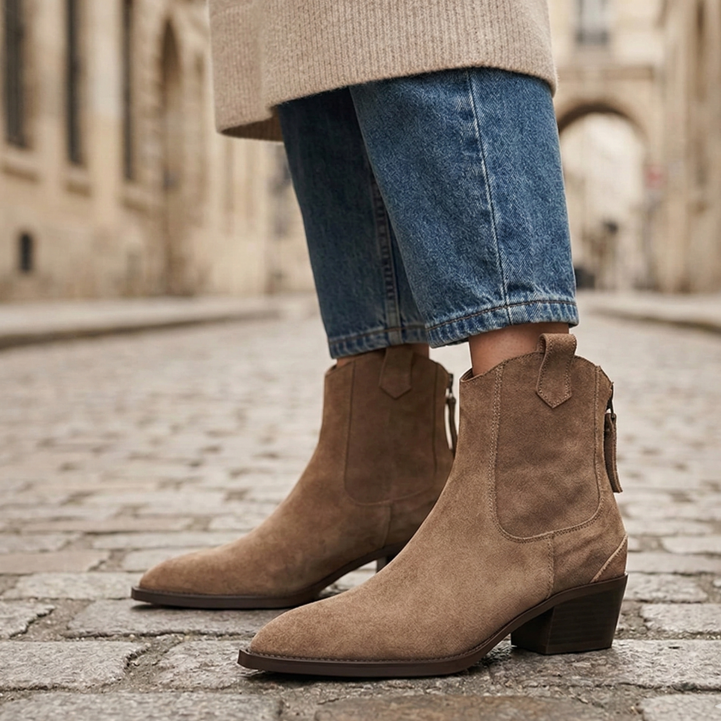 Ankle Boots Block Heel Suede Western Brown Women