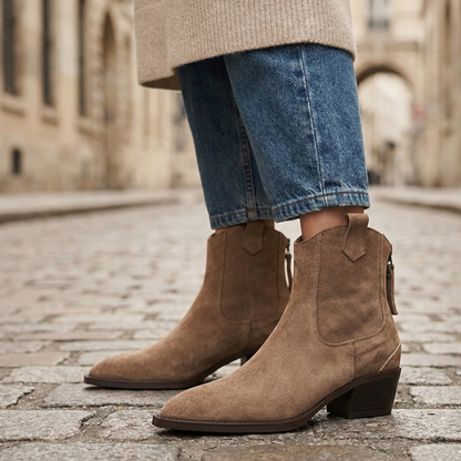 Ankle Boots Block Heel Suede Western Brown Women