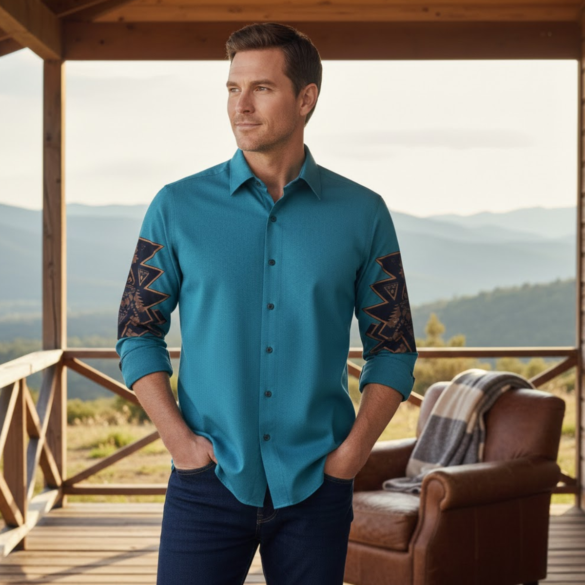 Men's Western Denim Shirt Two Tone Patchwork Blue