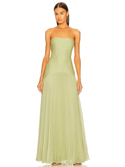 Women's Strapless Pleated Maxi Dress Formal Evening Gown - VibreMode