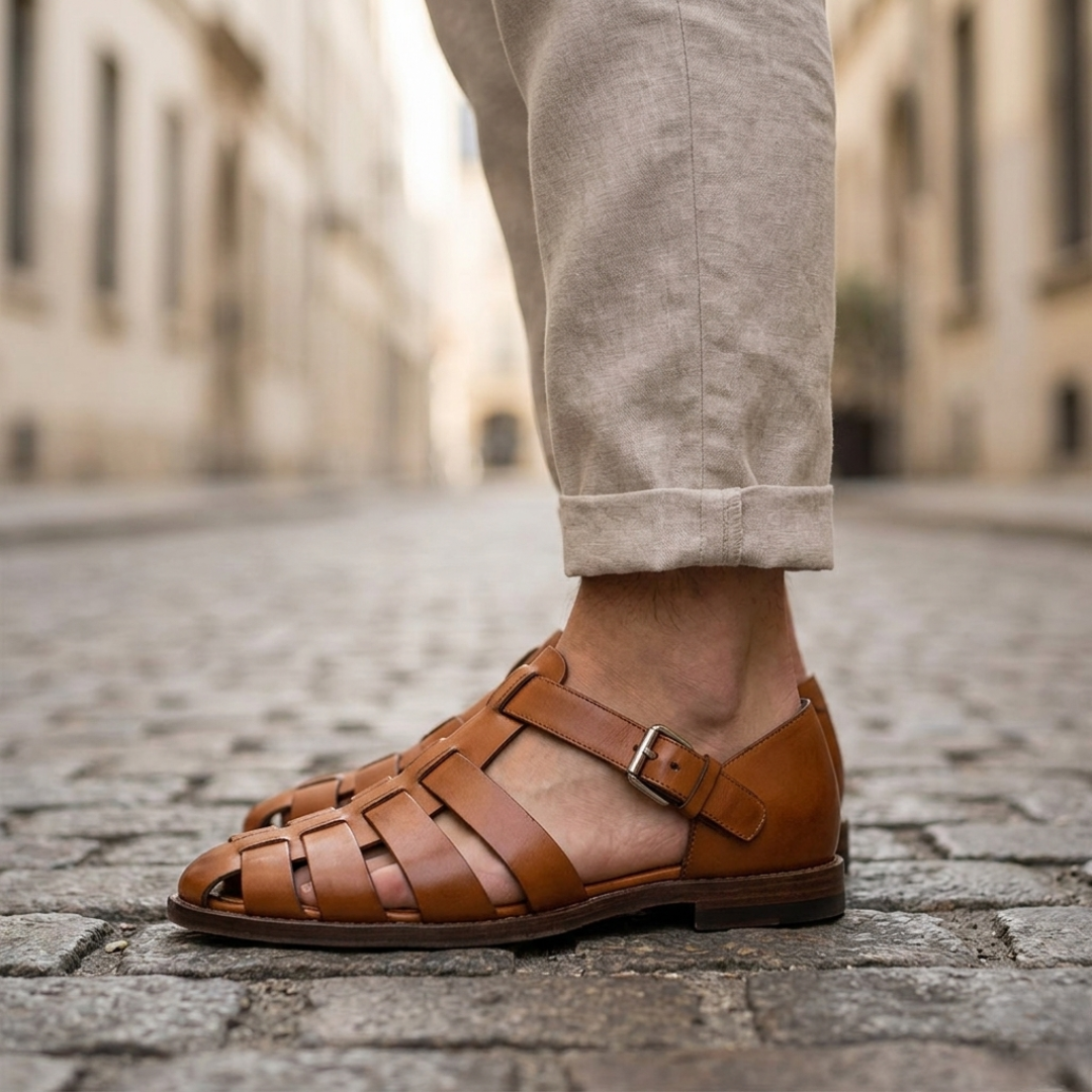 Men’s Leather Sandals Closed Toe Buckle Strap Summer Shoes