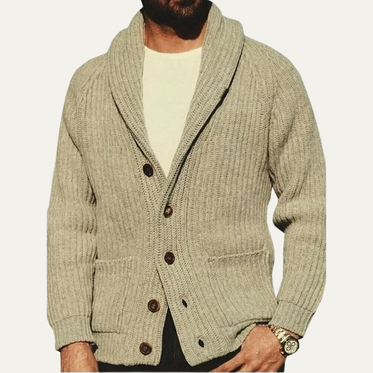 Men's Knit Cardigan Shawl Collar Khaki