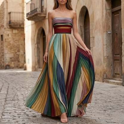 Women’s Strapless Pleated Maxi Dress Formal Gown