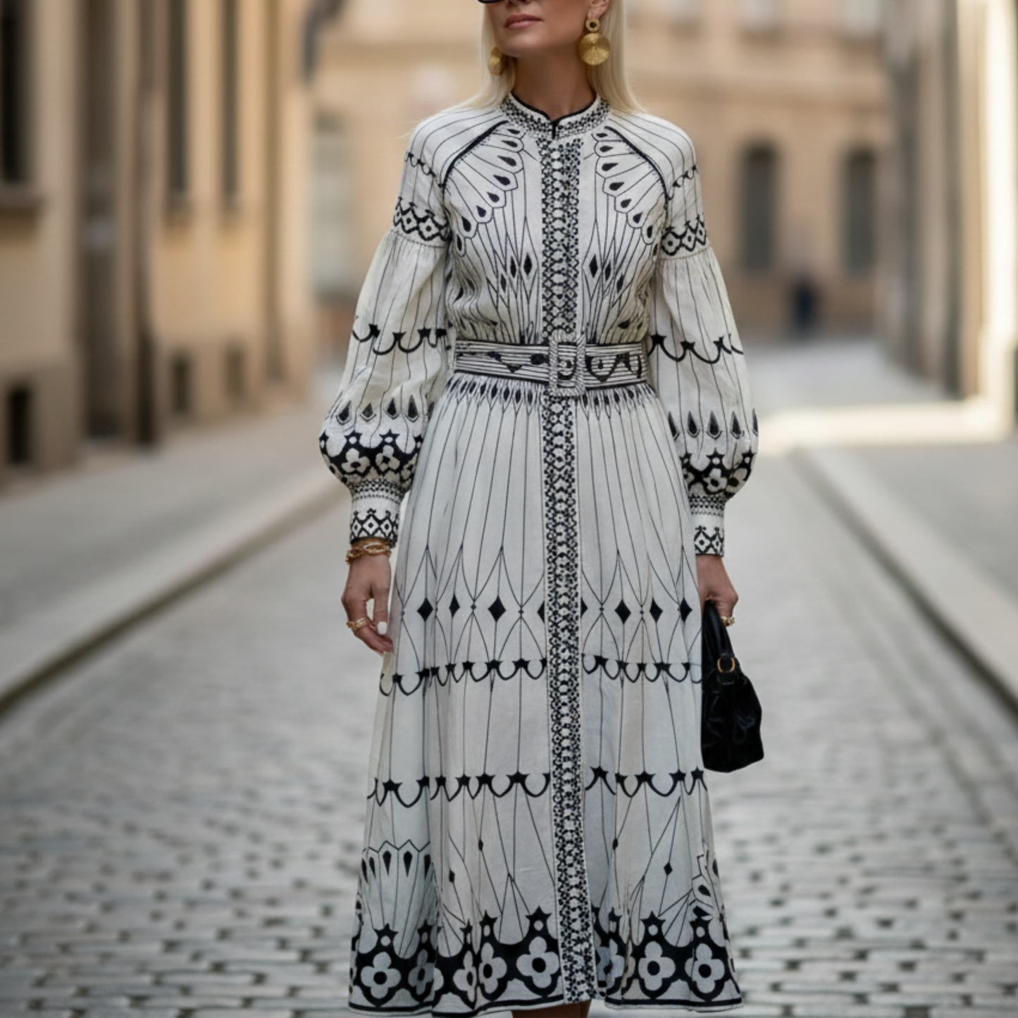 Printed Long Sleeve Belted Midi Dress Women
