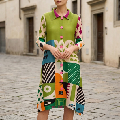 Women’s Retro Print Midi Dress Geometric Color Block Button Front Collared Dress