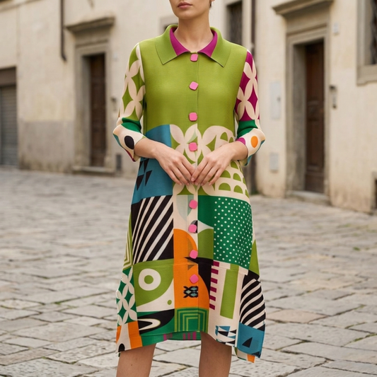 Women’s Retro Print Midi Dress Geometric Color Block Button Front Collared Dress