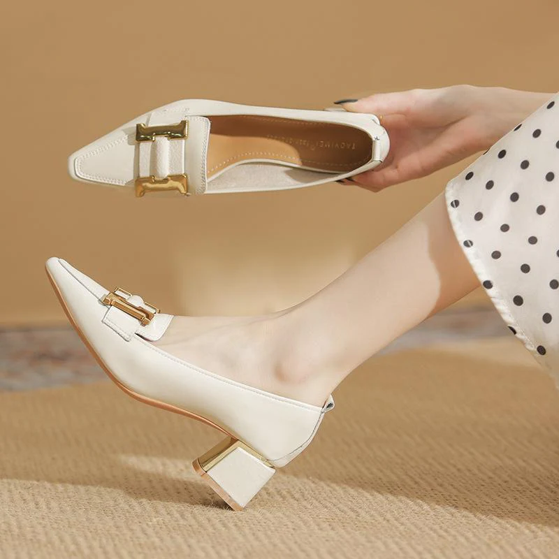 Destiny Women's Block Heel Loafers Pointed-Toe Leather Office Shoes