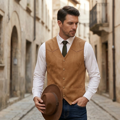Men’s Leather Vest Western Style Button Front Waistcoat