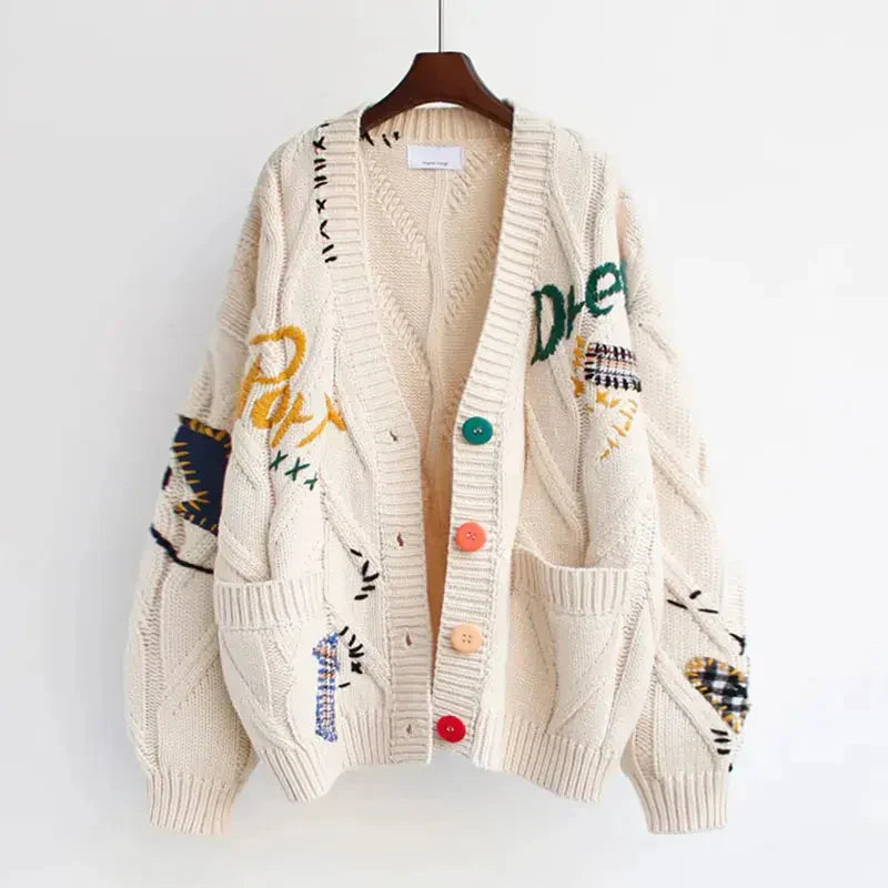 Women's Knitted V-Neck Cardigan Patchwork Embroidery