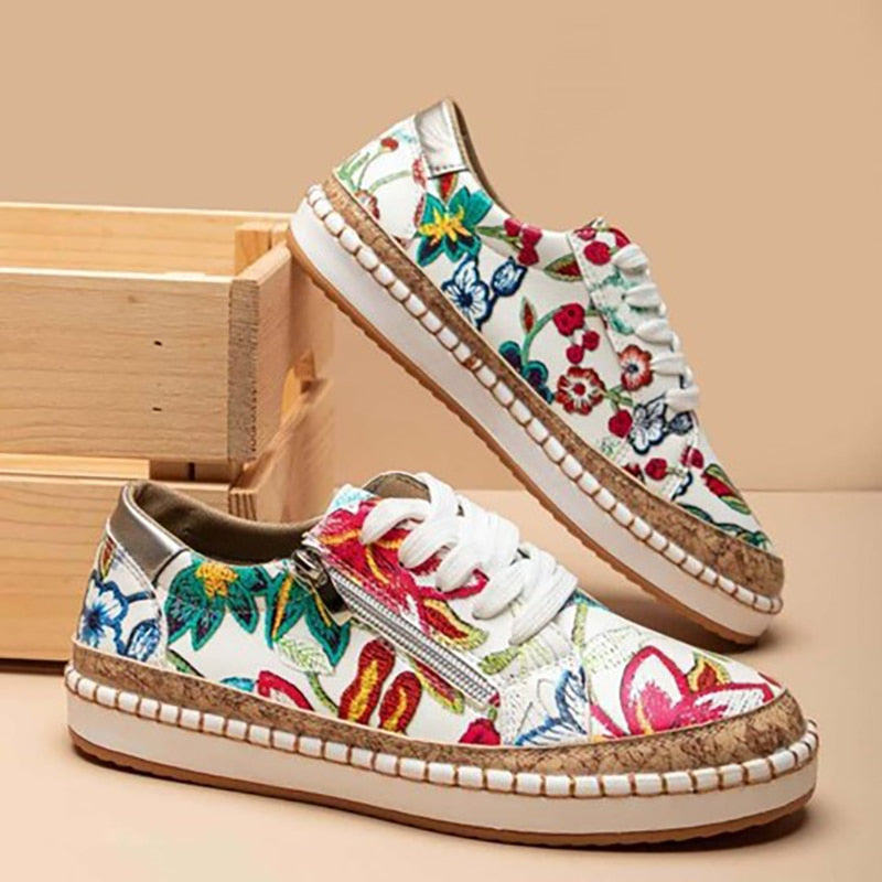 Women's Floral Lace Sneakers Zip Up - VibreMode