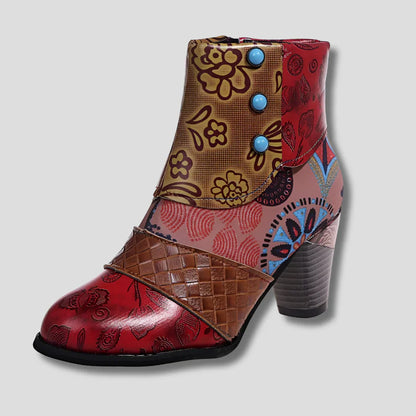 Women's Embossed Leather Boots Chunky Heel - VibreMode