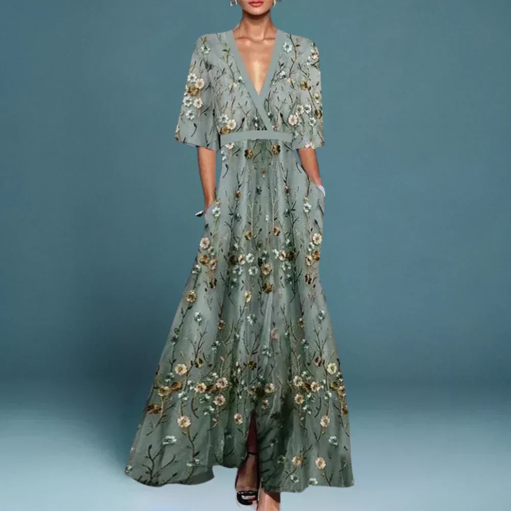Women's Maxi Dress Floral V-Neck Wrap Style Half Sleeves - VibreMode