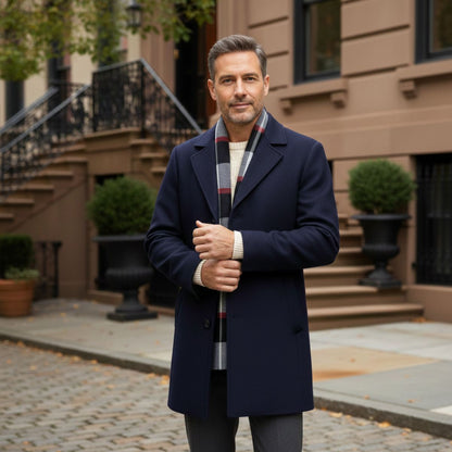 Men's Wool Overcoat Elegant Scarf Detail