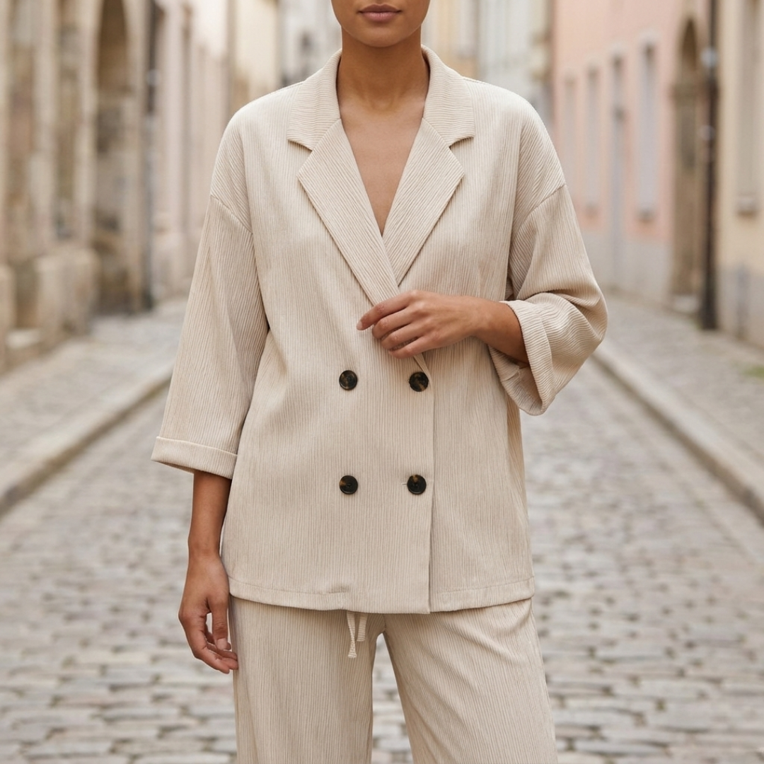 Women’s Ribbed Blazer Set Double Breasted Relaxed Fit Two Piece Suit