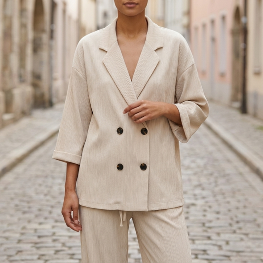 Women’s Ribbed Blazer Set Double Breasted Relaxed Fit Two Piece Suit