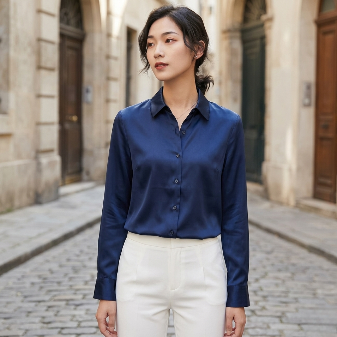 Women’s Satin Button Down Blouse Long Sleeve Office Shirt