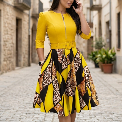 Zip Front Belted Dress Midi Printed Women