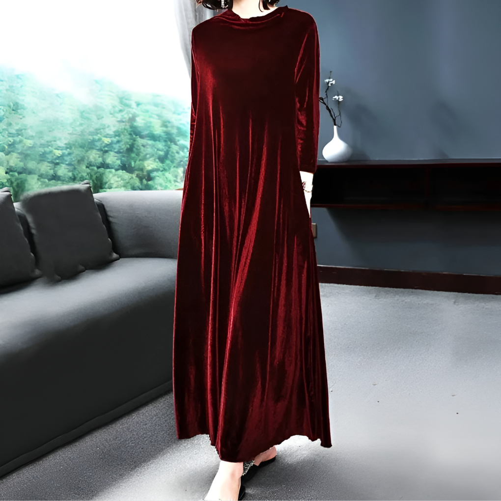 Women's Velvet Long Sleeve Dress Wine Red - VibreMode