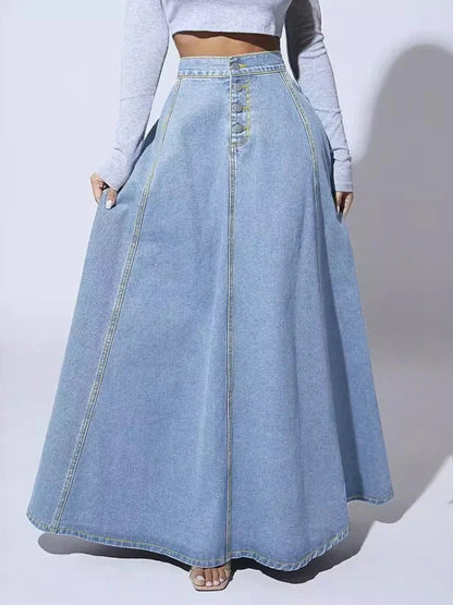 Women's Denim A-Line Skirt Button Front - VibreMode