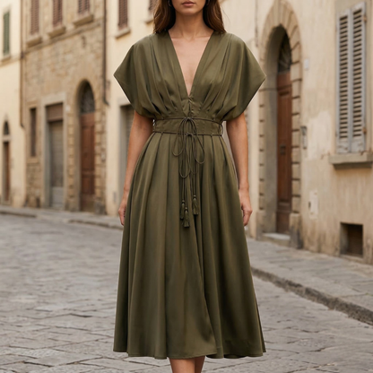 Women’s Midi Dress Deep V Neck Flutter Sleeve Tie Waist A-Line Dress
