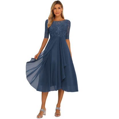 Women's Lace Chiffon Midi Dress - VibreMode