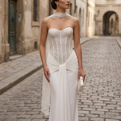 Women’s Strapless Wedding Dress Beaded Corset Bodice Draped Mermaid Gown