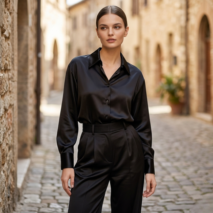 Women’s Satin Button Down Blouse Long Sleeve Silk Look Shirt