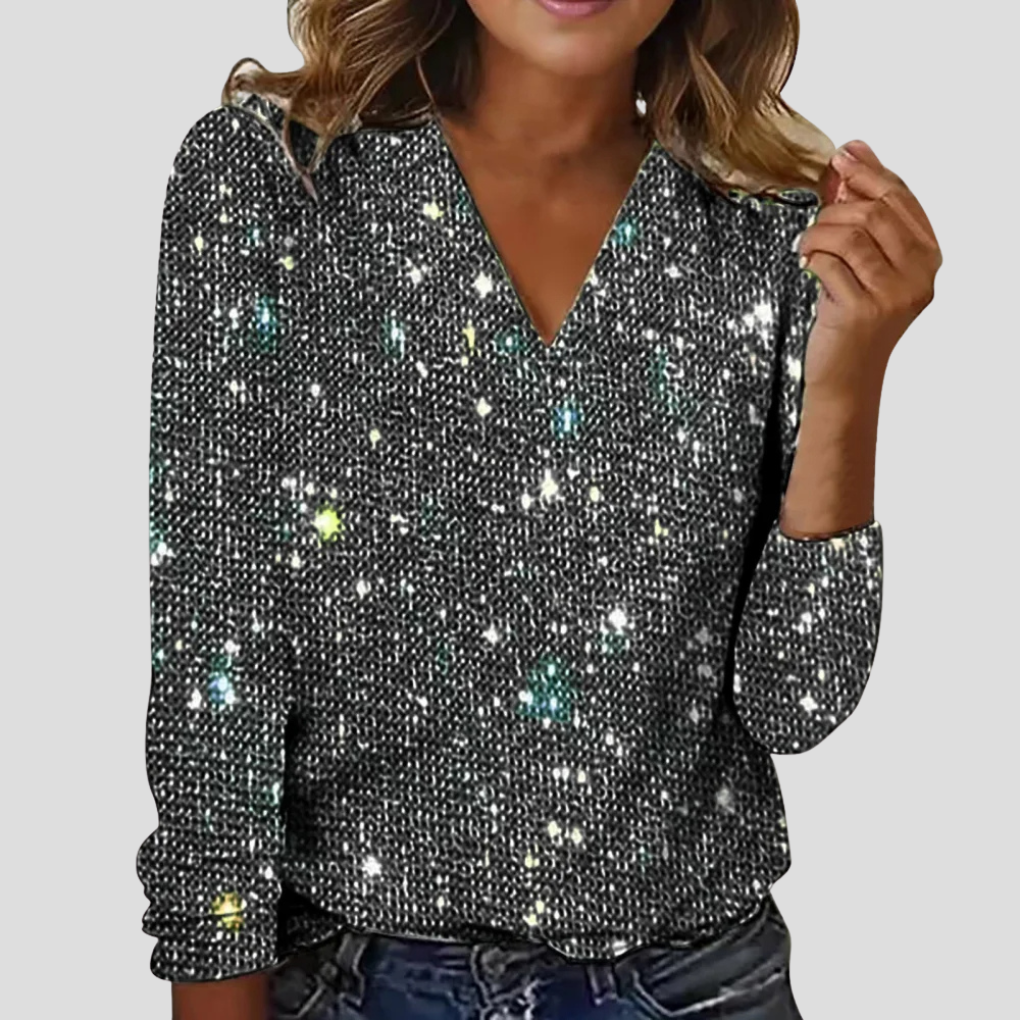 Women's Glitter V Neck Blouse Long Sleeves - VibreMode