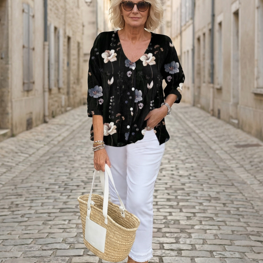 Women’s Floral Button Button-Front Blouse 3/4 Sleeve Casual Top