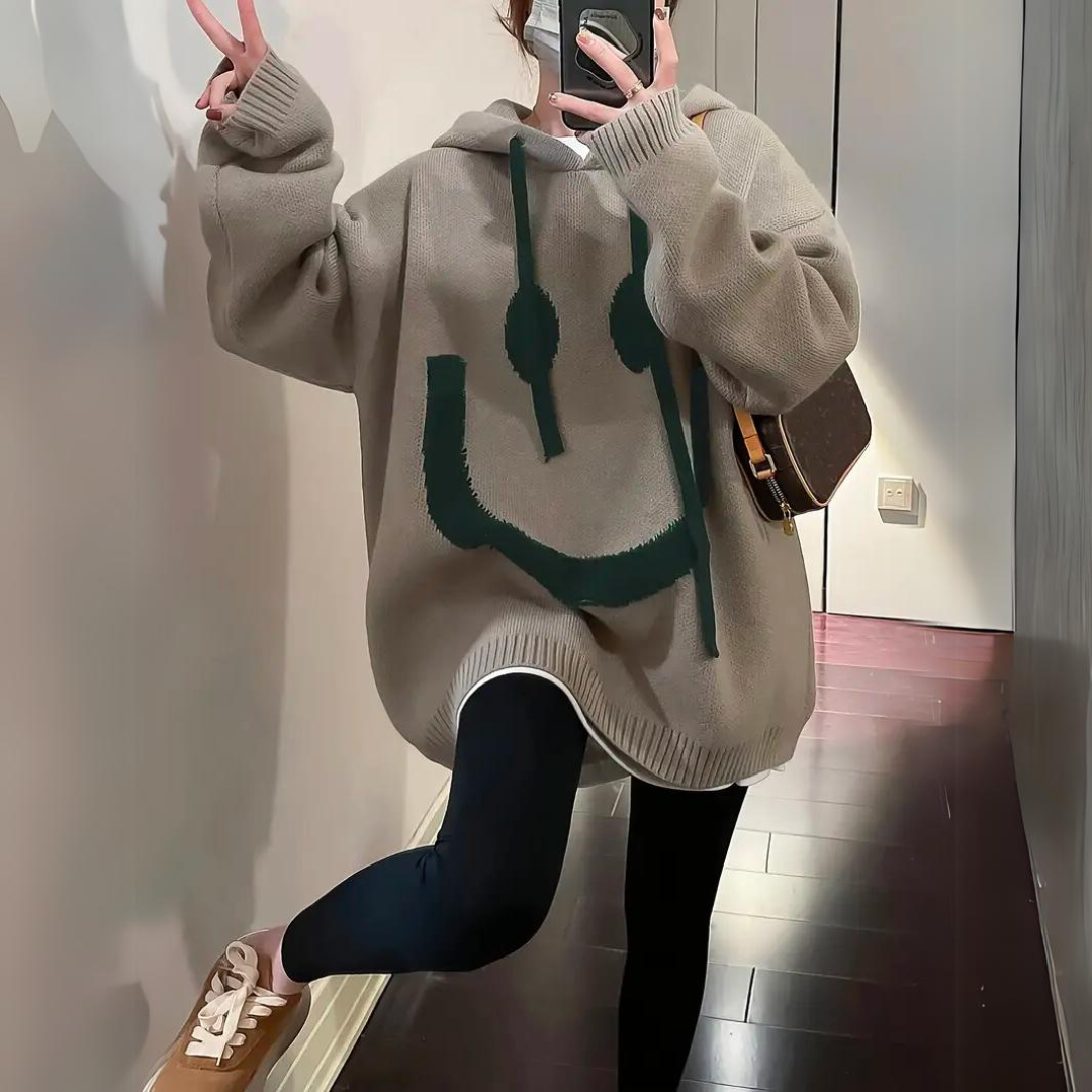Women's Plus Size Knitted Hoodie Smiley Face - VibreMode