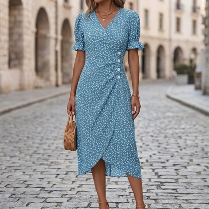Women’s Floral Wrap Midi Dress V-Neck Short Sleeve Summer Dress