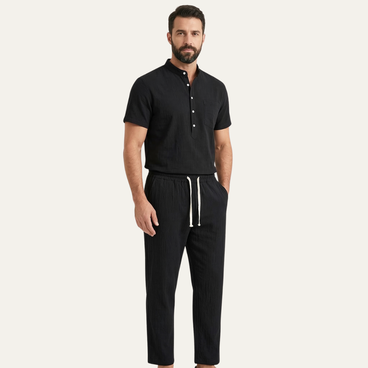 Mens Lightweight Cotton Linen Polo Shirt Pants Set