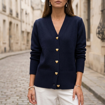 Women’s Knit Cardigan Gold Heart Button V-Neck Sweater