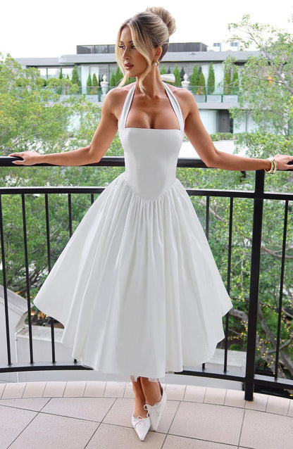 Elegant Ladies Halter Neck Midi Wedding Dress - VibreMode