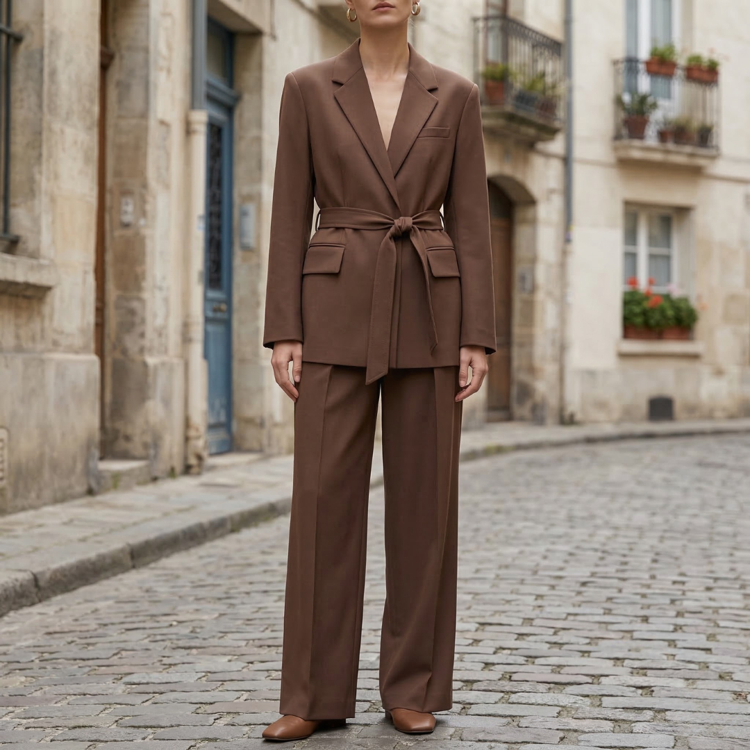 Women’s Blazer Suit Belted Tailored Two Piece Pants Set