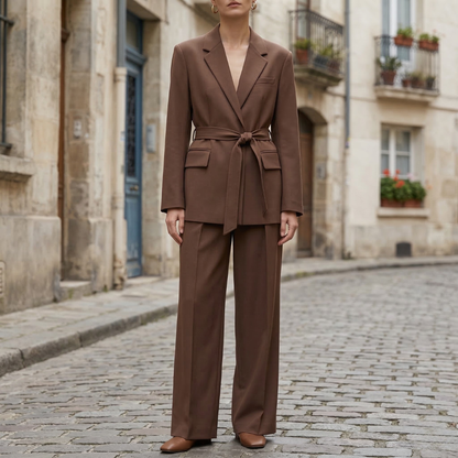 Women’s Blazer Suit Belted Tailored Two Piece Pants Set