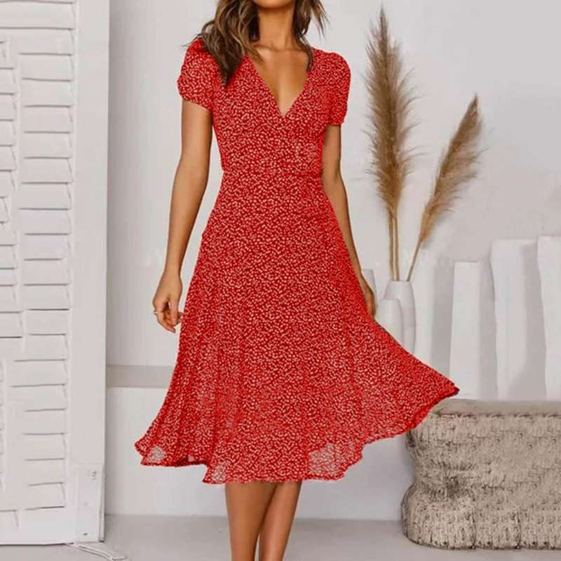 Women's A-Line V-Neck Dress Flowing Skirt