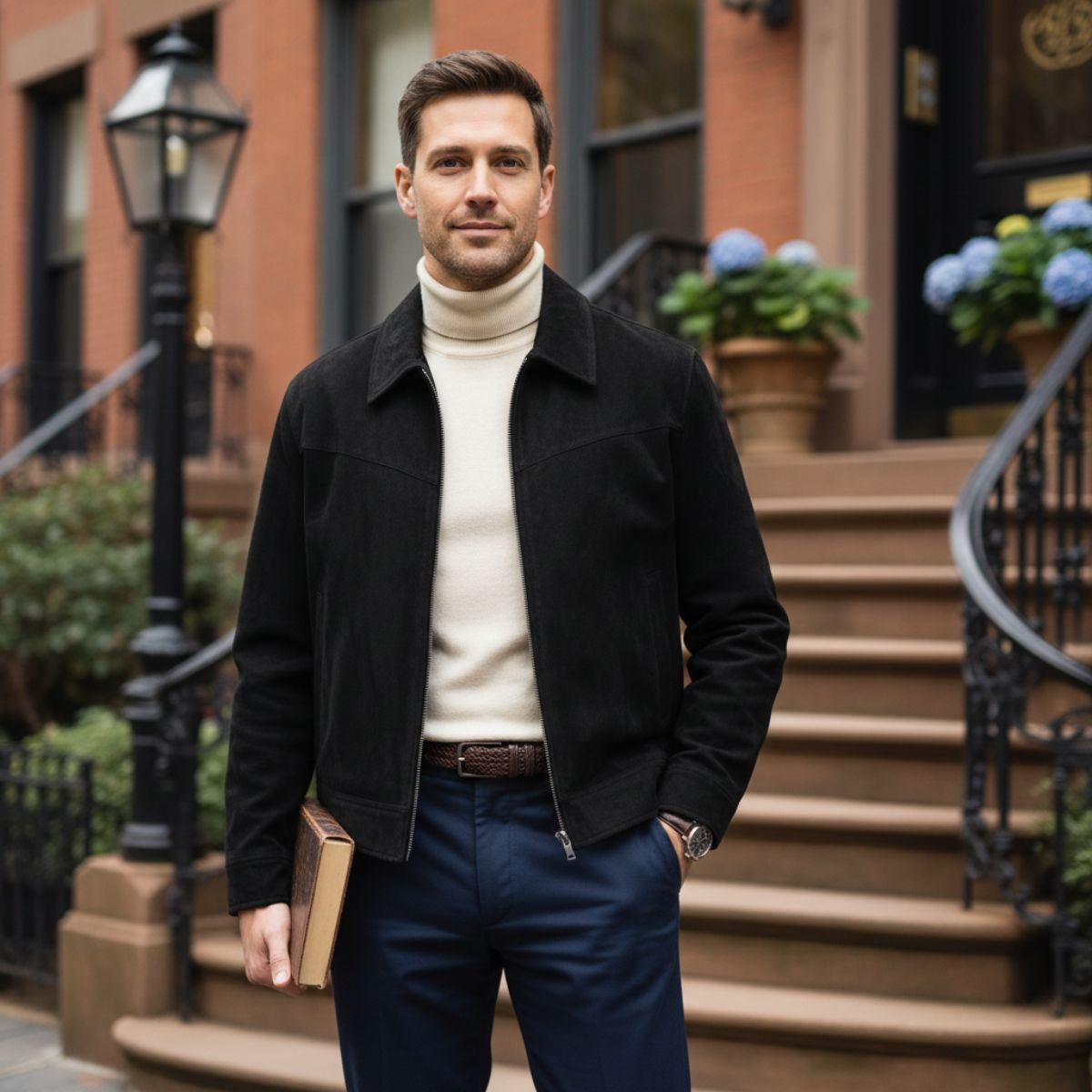 Men's Suede Leather Bomber Jacket Classic Style