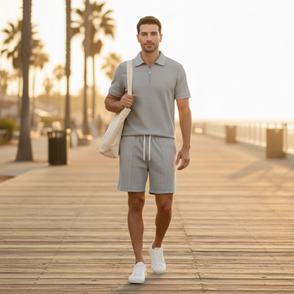 Men's Summer Shirt And Shorts Set Solid Color Casual