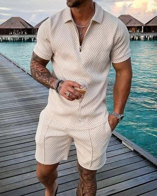 Men's Polo Shirt Shorts Set Cotton Summer