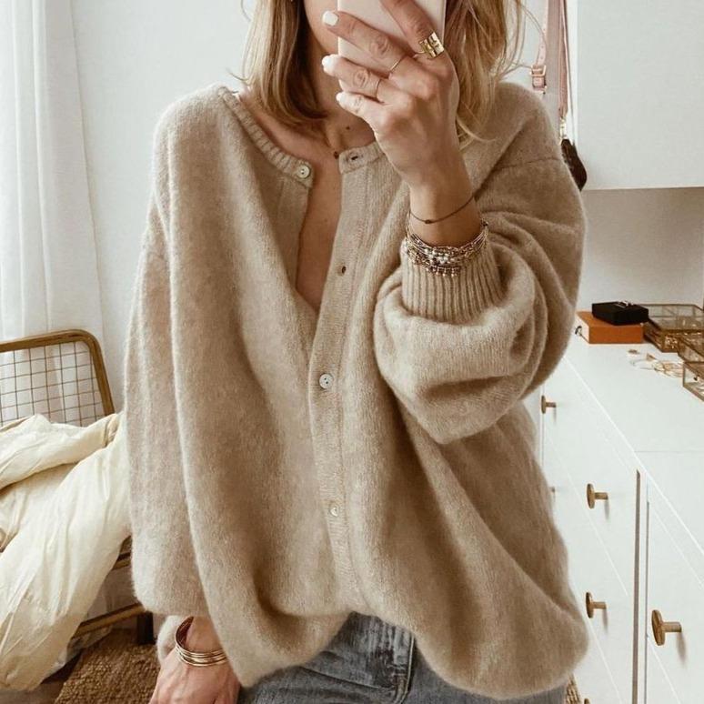 Women's Soft Knit Cardigan Oversized Button Front Ribbed Cuffs - VibreMode