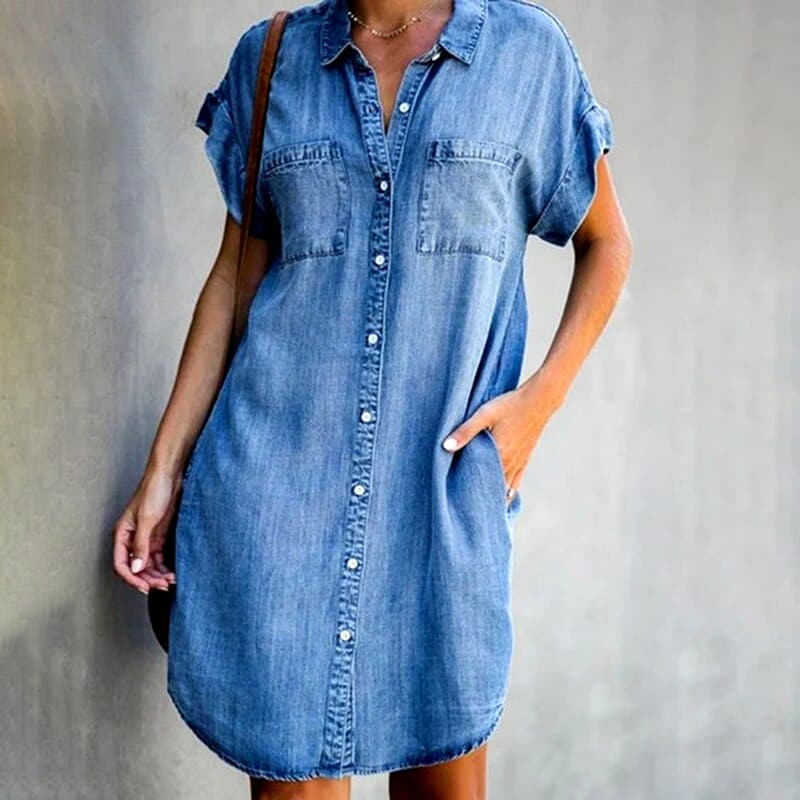 Women's Casual Denim Dress Button Front Blue - VibreMode